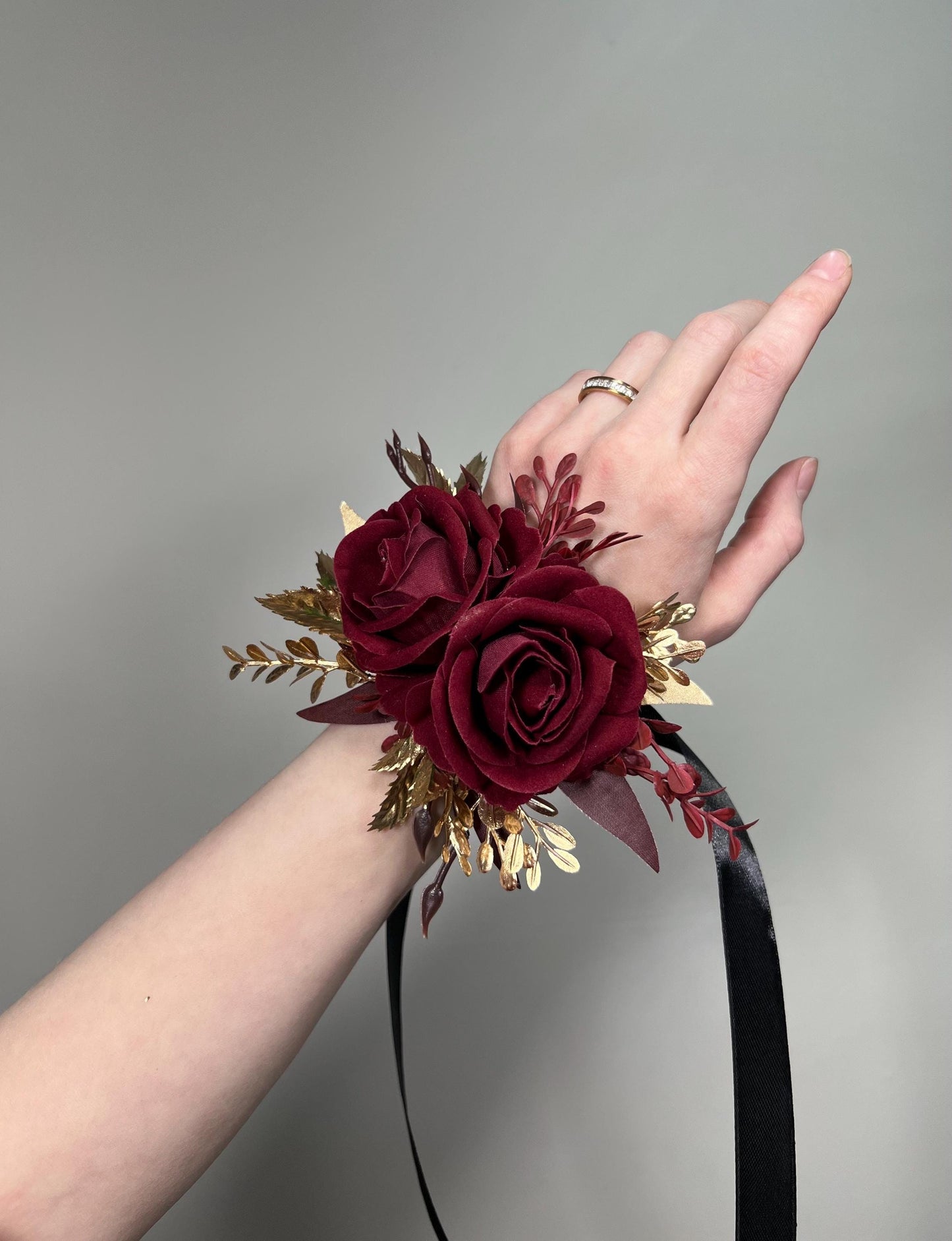 Burgundy Corsage Gold Wedding Maroon Wrist Corsage Bridesmaids Rustic Prom Burgundy Rose Corsage Bridal Wine Red Artificial Flowers