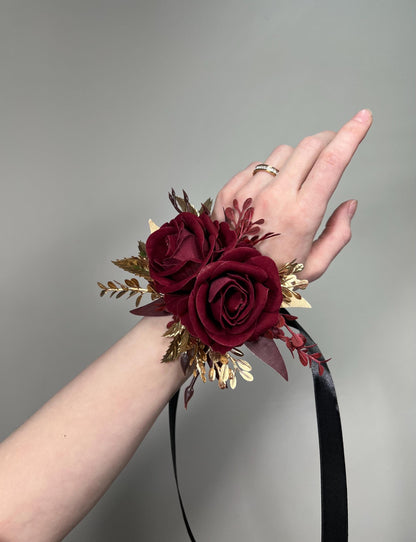 Burgundy Corsage Gold Wedding Maroon Wrist Corsage Bridesmaids Rustic Prom Burgundy Rose Corsage Bridal Wine Red Artificial Flowers