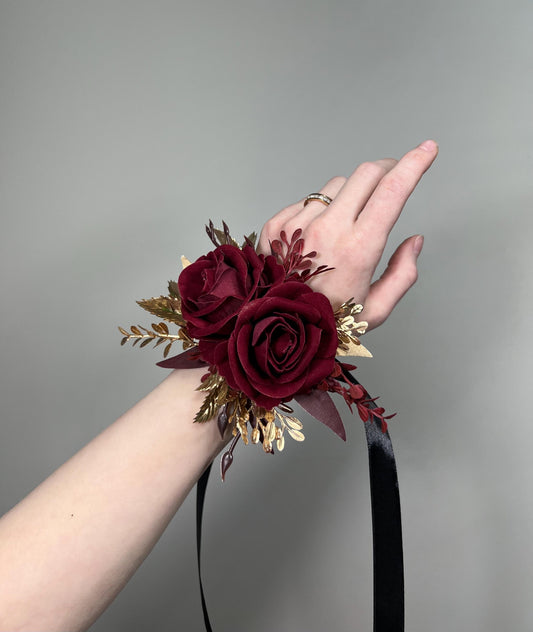 Burgundy Corsage Gold Wedding Maroon Wrist Corsage Bridesmaids Rustic Prom Burgundy Rose Corsage Bridal Wine Red Artificial Flowers