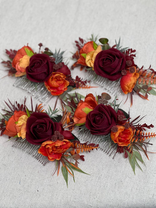 Burgundy Terracotta Hair Comb Burnt Orange Artificial Flowers Rustic Hair Accessories Bridal Rust Wine Red Fall Hair Comb Maroon Eucalyptus