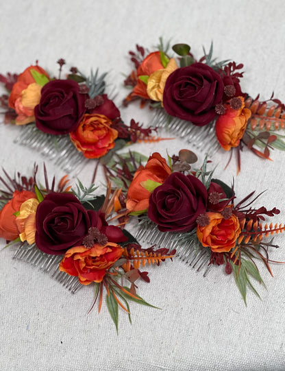 Burgundy Terracotta Hair Comb Burnt Orange Artificial Flowers Rustic Hair Accessories Bridal Rust Wine Red Fall Hair Comb Maroon Eucalyptus