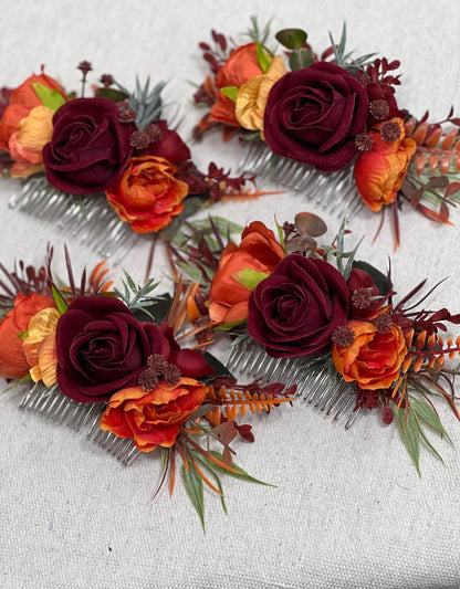 Burgundy Terracotta Hair Comb Burnt Orange Artificial Flowers Rustic Hair Accessories Bridal Rust Wine Red Fall Hair Comb Maroon Eucalyptus