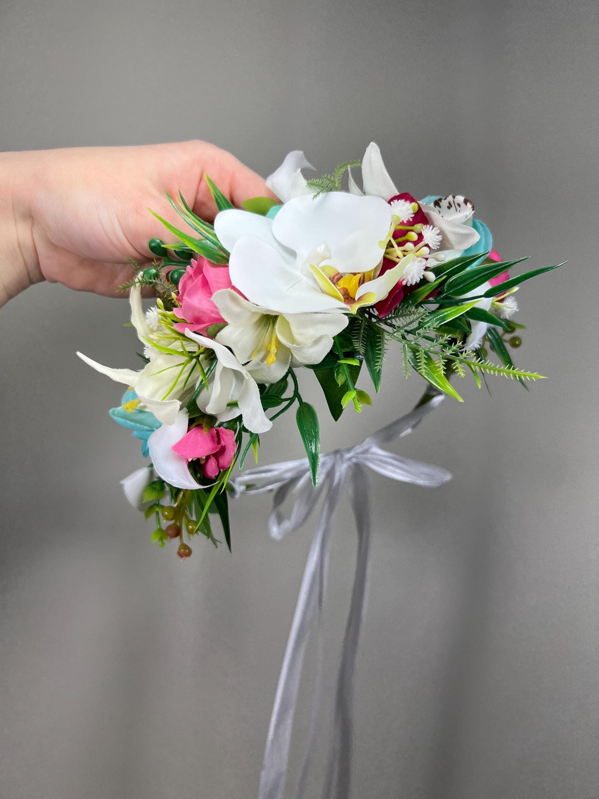White Tropical Flower Crown Wedding Orchid Hot Pink Turquoise Bridal Headband Fuchsia White Beach Flower Crown Wreath Artificial Flower