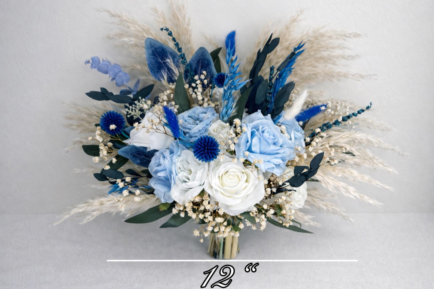 White Blue Bouquet Bridal Wedding Boho Sky Blue Baby Pampas Grass Baby Breath Eucalyptus Bridesmaids Bouquet Ivory Blue Artificial Flowers