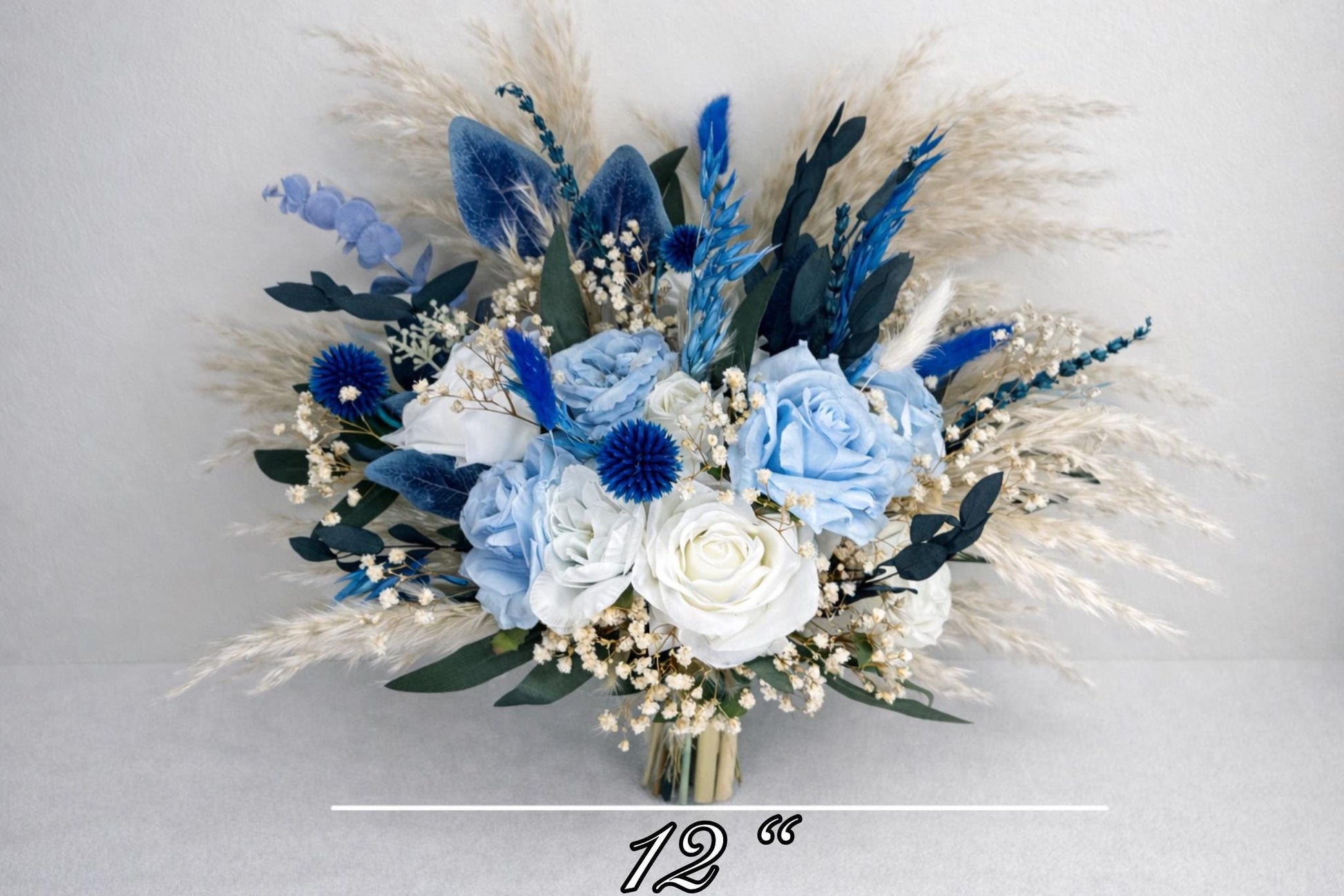 White Blue Bouquet Bridal Wedding Boho Sky Blue Baby Pampas Grass Baby Breath Eucalyptus Bridesmaids Bouquet Ivory Blue Artificial Flowers