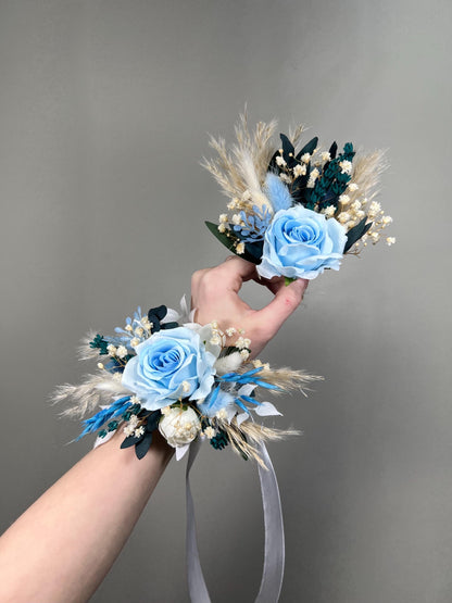 White Blue Bouquet Bridal Wedding Boho Sky Blue Baby Pampas Grass Baby Breath Eucalyptus Bridesmaids Bouquet Ivory Blue Artificial Flowers