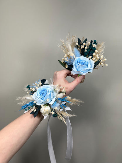 Blue Corsage Wedding Boho Eucalyptus Wrist Corsage Sky Blue Rose Bridesmaids Corsage Dusty Blue Baby Breath Prom Corsage Artificial Flowers