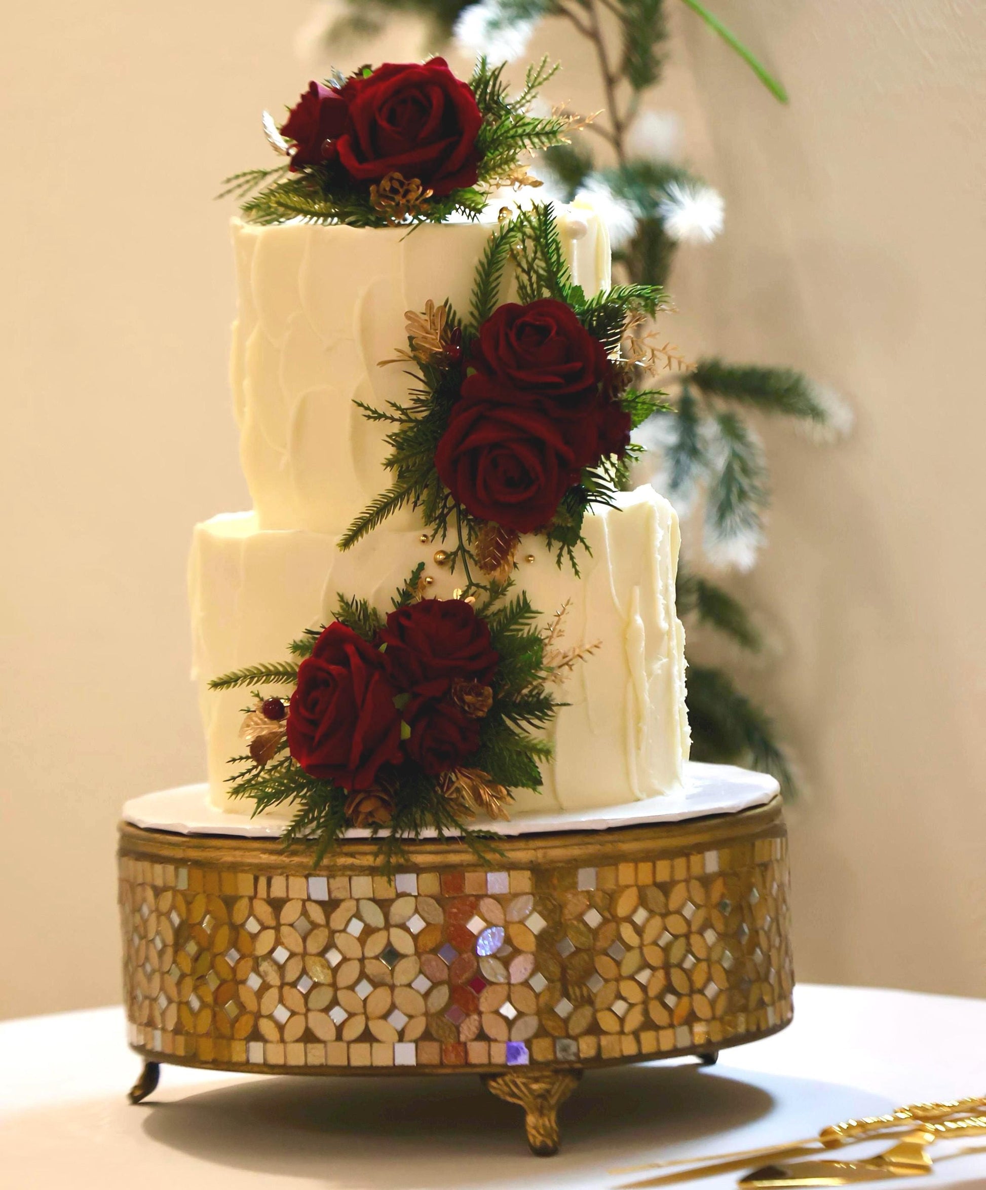 Christmas Cake Decoration Wedding Burgundy Cake Artificial Flowers Wine Red Gold Pine Cones Evergreen Cake Arrangement Decor Silk Flowers