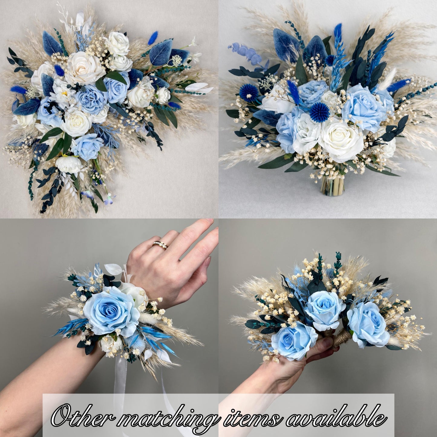 Blue Corsage Wedding Boho Eucalyptus Wrist Corsage Sky Blue Rose Bridesmaids Corsage Dusty Blue Baby Breath Prom Corsage Artificial Flowers