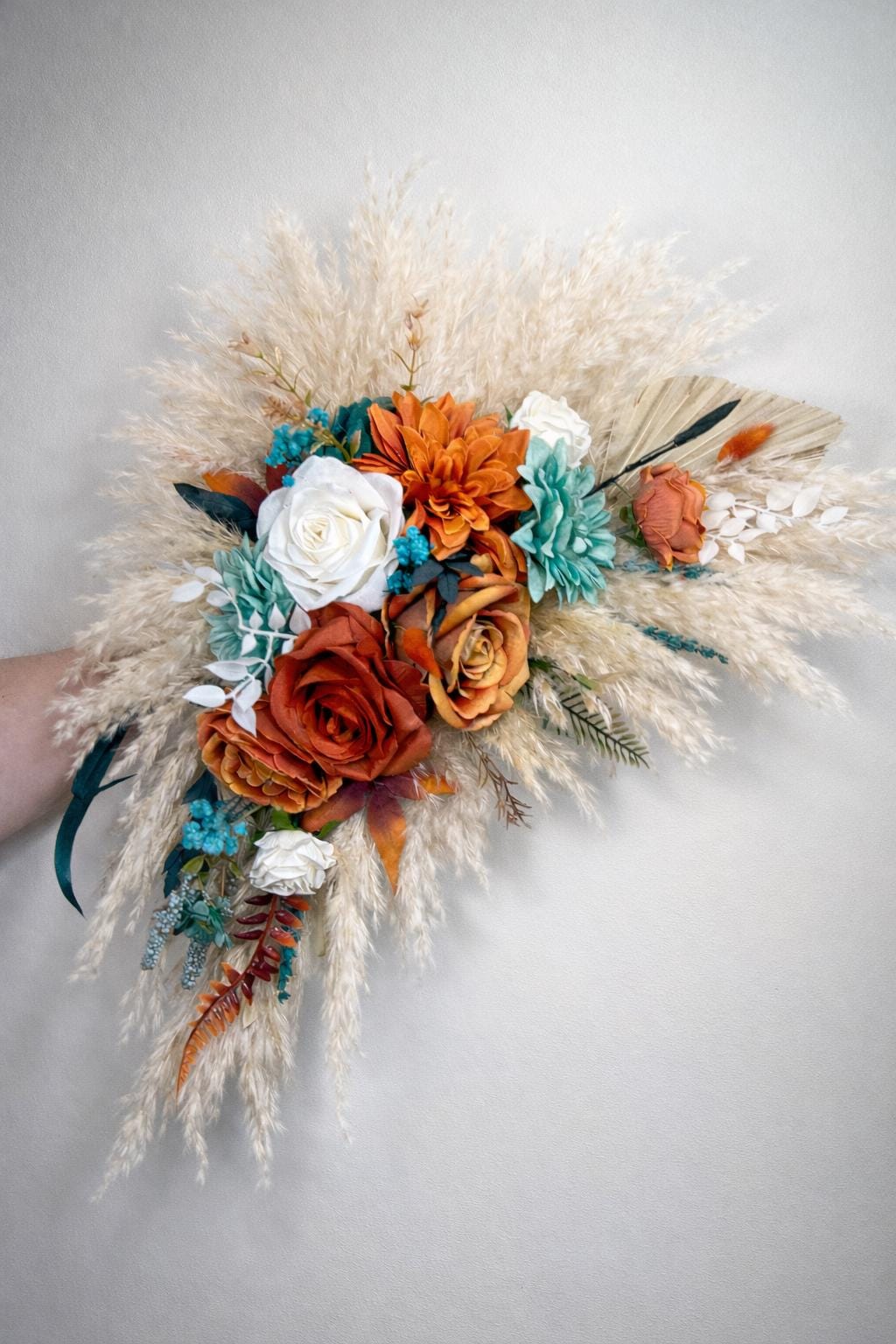 White Orange Turquoise Arch Arrangements Wedding Boho Burnt Orange Terracotta Teal Blue Arbor Arrangements Pampas Grass Rust Artificial
