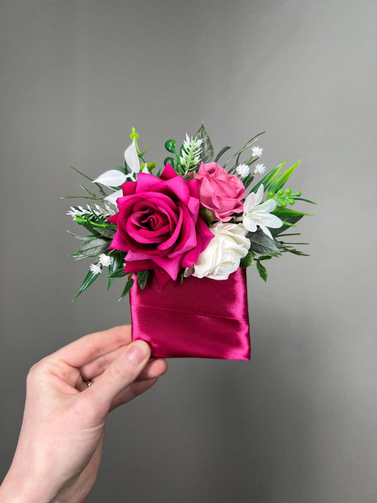 Hot Pink Pocket Boutonnière Wedding White Fuchsia Groom Square Boutonniere Groomsmen Magenta Deep Pink Prom Men Accessories Artificial