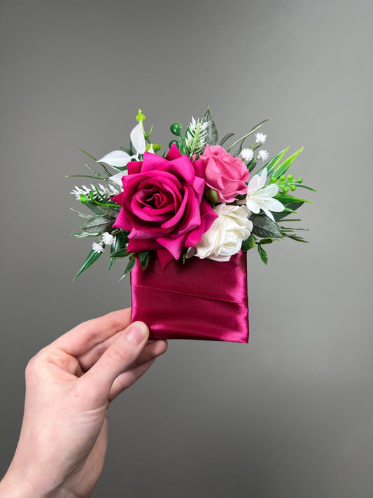 Hot Pink Pocket Boutonnière Wedding White Fuchsia Groom Square Boutonniere Groomsmen Magenta Deep Pink Prom Men Accessories Artificial