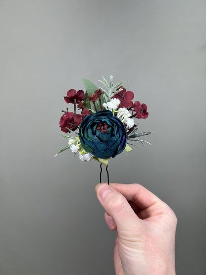 Teal Burgundy Hair Pin Wedding Hair Accessories Teal Blue Wine Red Baby Breath Bridal Hair Pins Bridesmaids Dark Teal Artiricial Flowers