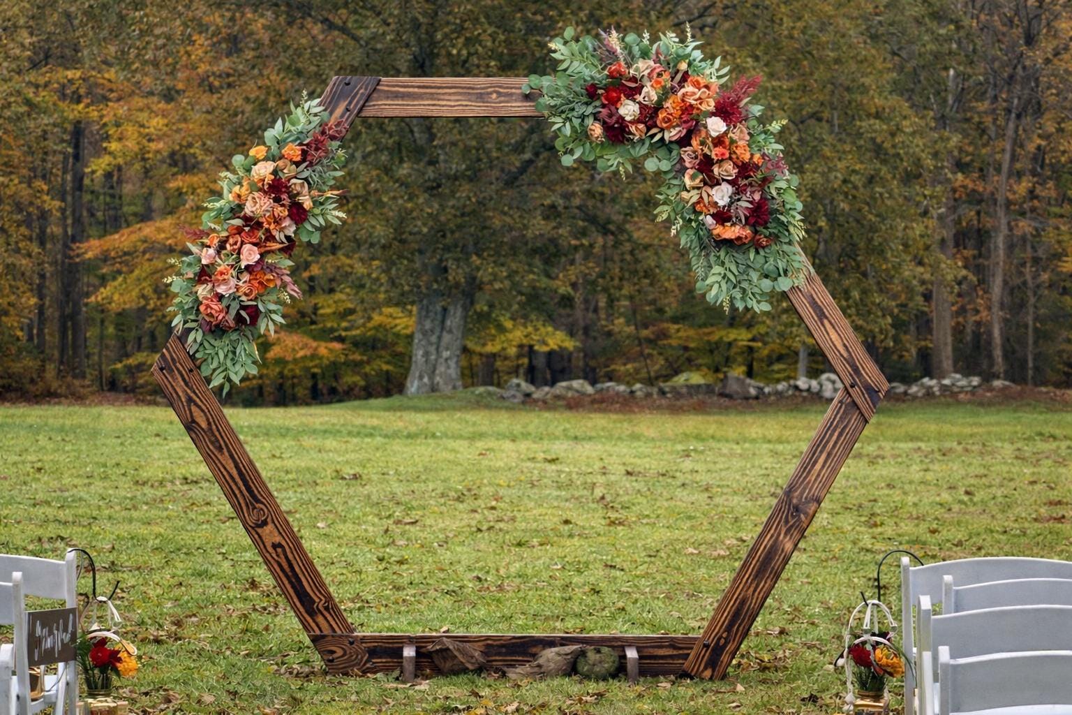 Terracotta Burgundy Arch Arrangements Wedding Rustic Arbor Arrangement Hexagon Flowers Ceremony Artificial Fall Rust Burnt Orange Backdrop
