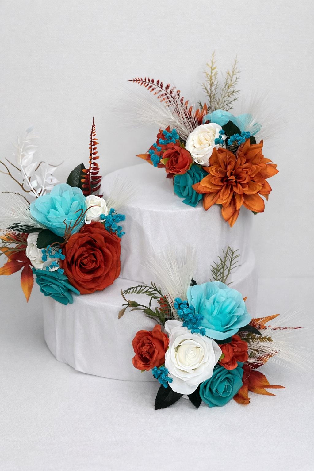 Turquoise and Burnt Orange Wedding Cake Decor Floral Arrangement Rustic Topper