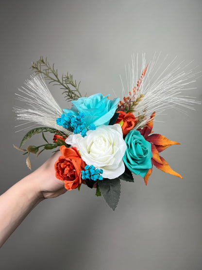 Turquoise and Burnt Orange Wedding Cake Decor Floral Arrangement Rustic Topper