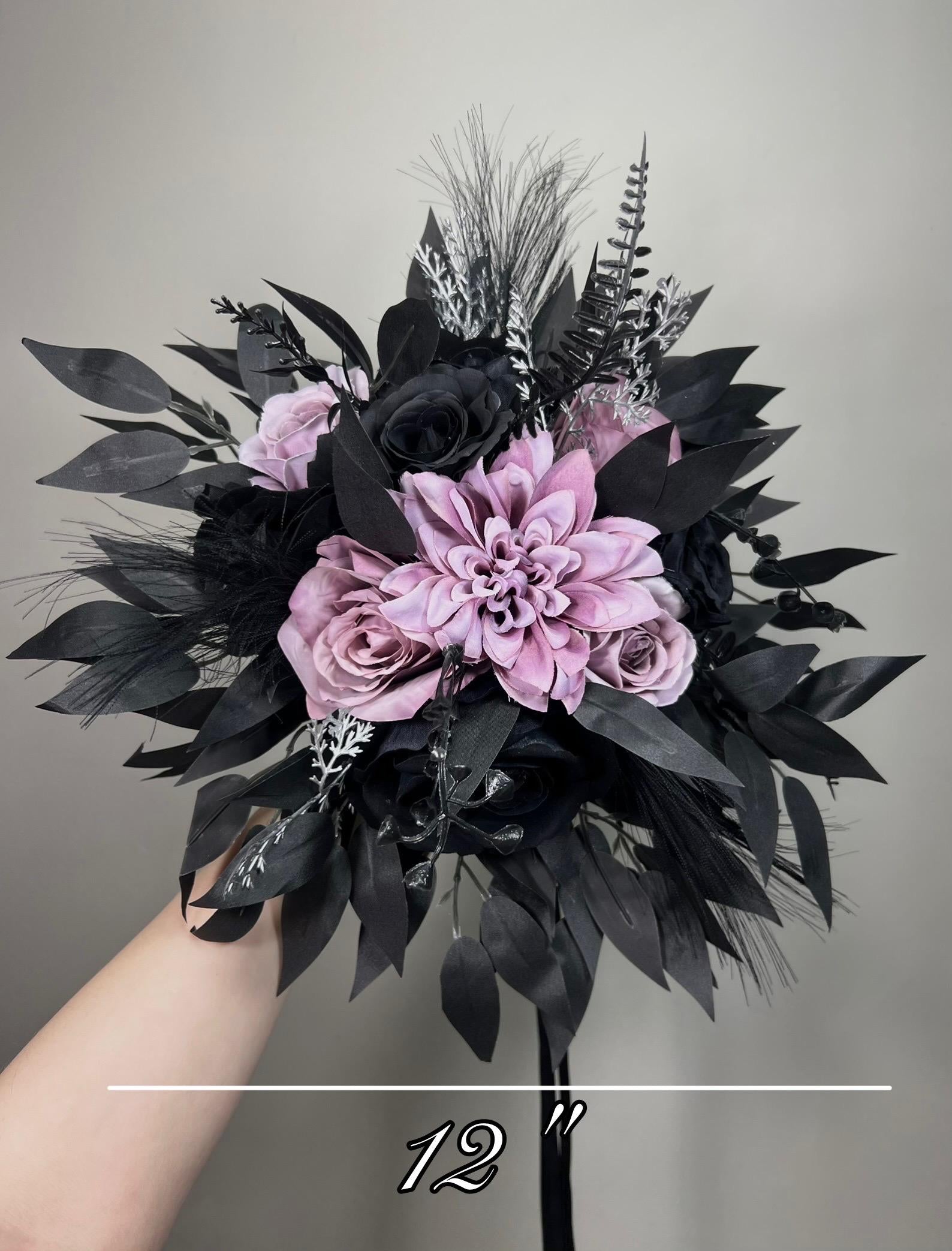 Black Purple Bouquet Wedding Gothic Bridal Bouquet Moody Black Lilac Lavender Bridesmaids Bouquet Silver Artificial Flowers
