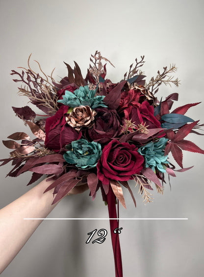 Burgundy Teal Bouquet Wedding Bridal Wine Red Rustic Rose Gold Teal Blue Bouquet Maroon Bridesmaids Copper Artificial Flowers