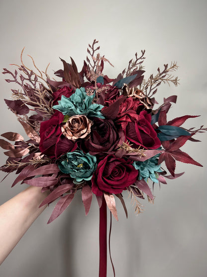 Burgundy Teal Bouquet Wedding Bridal Wine Red Rustic Rose Gold Teal Blue Bouquet Maroon Bridesmaids Copper Artificial Flowers