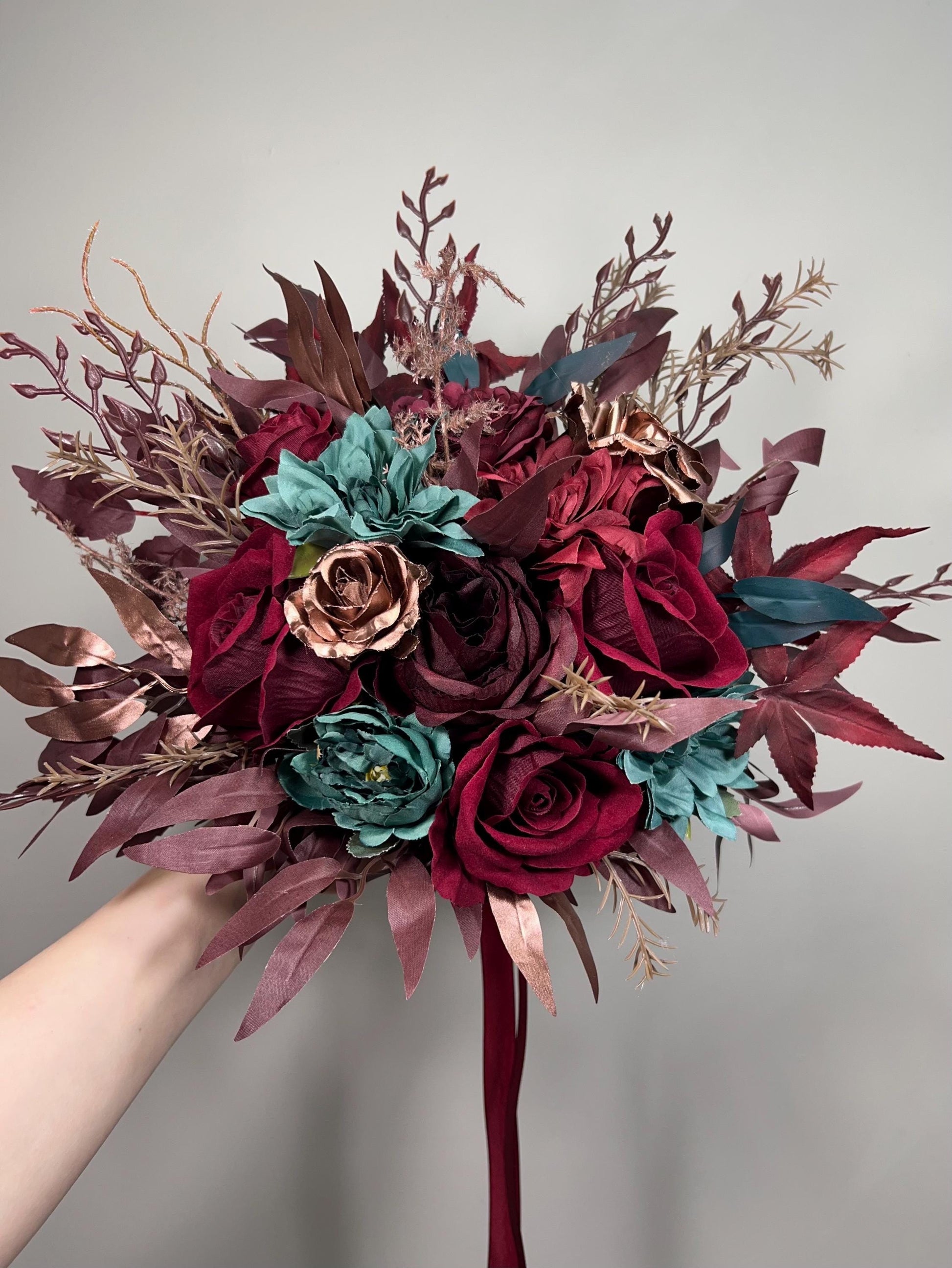 Burgundy Teal Bouquet Wedding Bridal Wine Red Rustic Rose Gold Teal Blue Bouquet Maroon Bridesmaids Copper Artificial Flowers