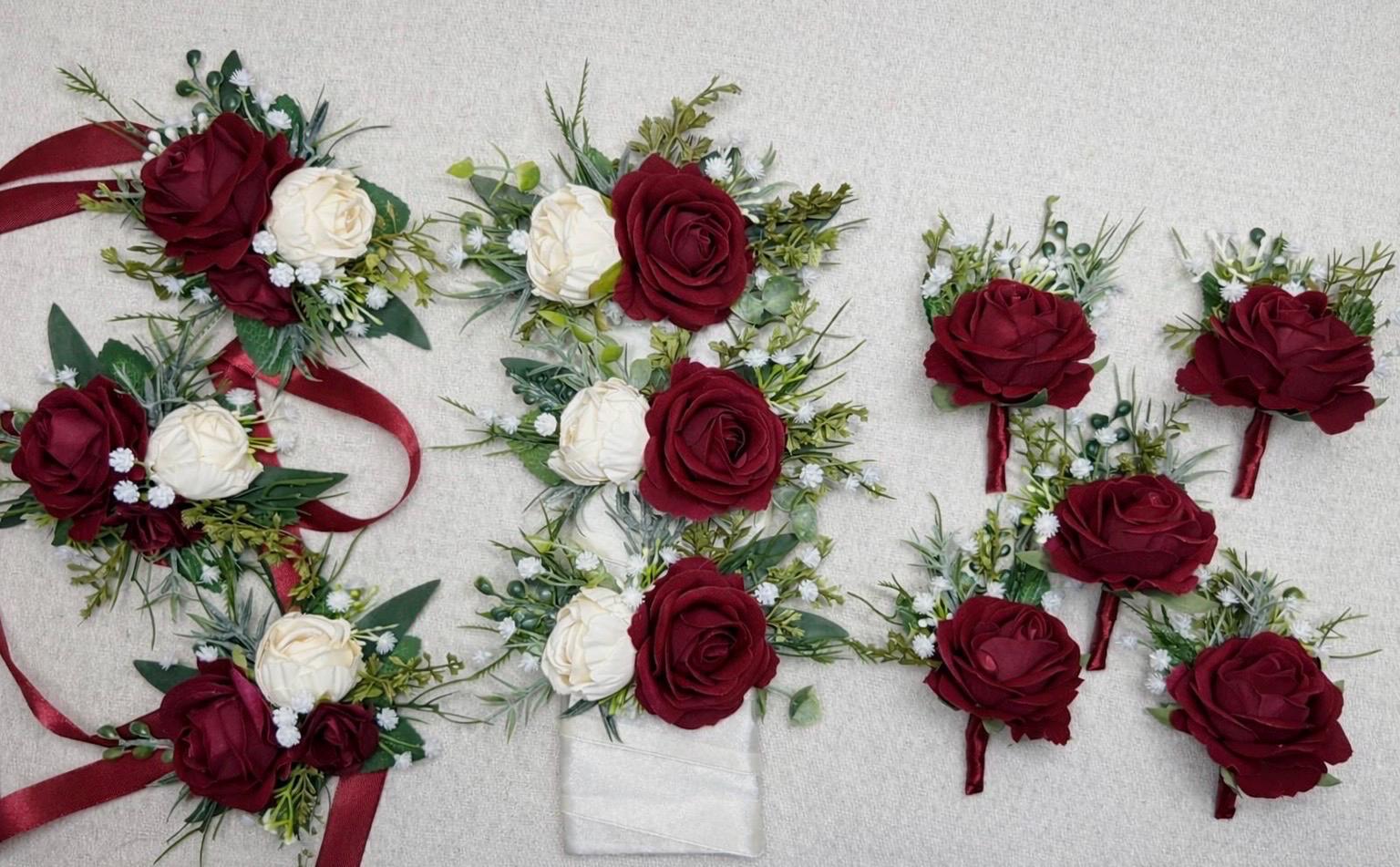 Burgundy Ivory Corsage Wedding Maroon Bridesmaids Cream Wristlet Corsage Wrist Rustic Greenery Baby Breath Wine Red Artificial Flowers