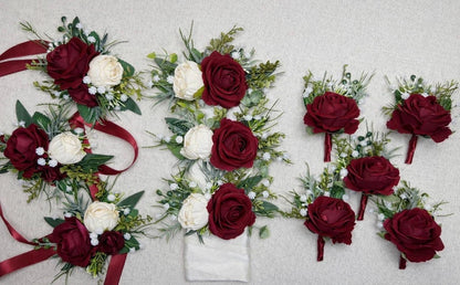 Burgundy Ivory Corsage Wedding Maroon Bridesmaids Cream Wristlet Corsage Wrist Rustic Greenery Baby Breath Wine Red Artificial Flowers