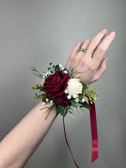 Burgundy Ivory Corsage Wedding Maroon Bridesmaids Cream Wristlet Corsage Wrist Rustic Greenery Baby Breath Wine Red Artificial Flowers