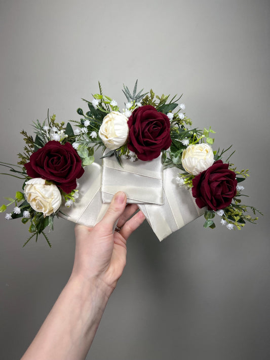 Burgundy Pocket Boutonniere Wedding Ivory Groom Square Boutonnière Cream Wine Red Rose Eucalyptus Baby Breath Groomsmen Men Accessories