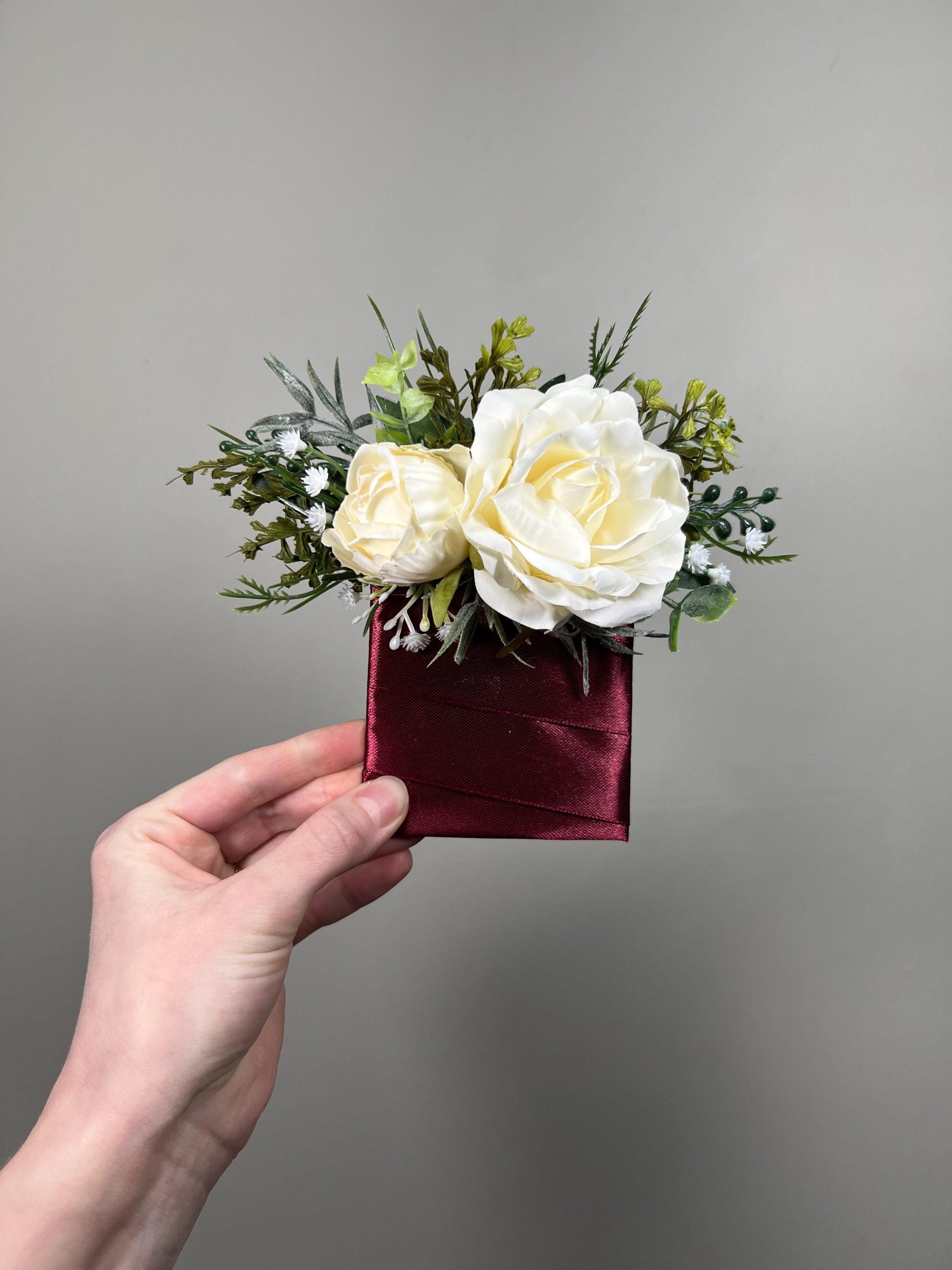 Ivory Pocket Boutonnière Wedding Rustic Groom Champagne Square Boutonnière Groomsmen Eucalyptus Greenery Cream Off White Artificial Flower