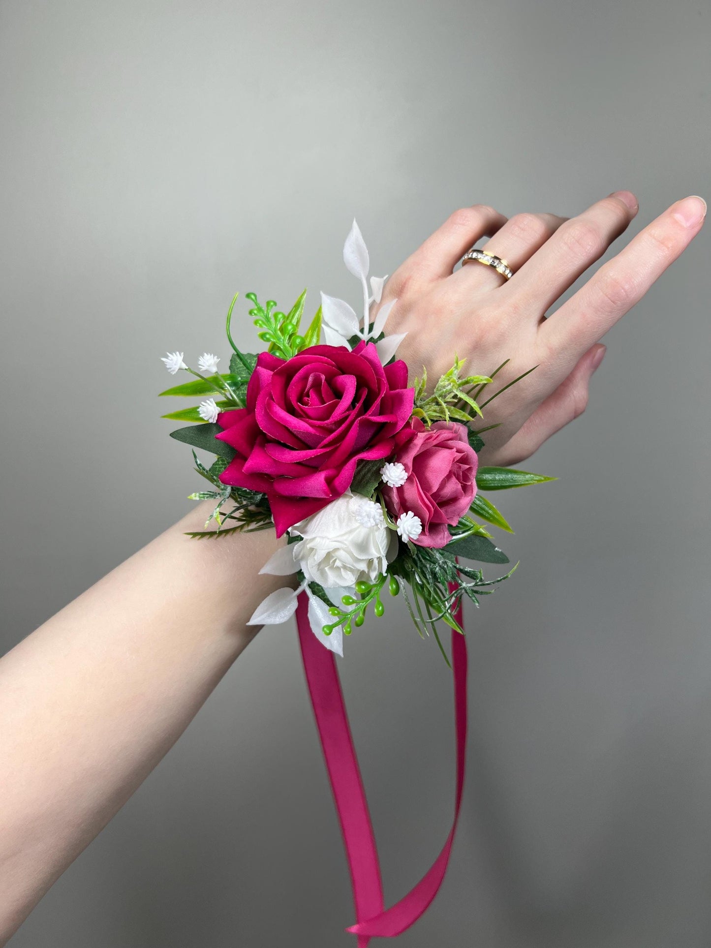 Hot Pink Corsage Wedding Fuchsia White Deep Pink Dark Wrist Corsage Bridesmaids Prom Magenta Rustic Corsage Baby Breath Artficial Flowers