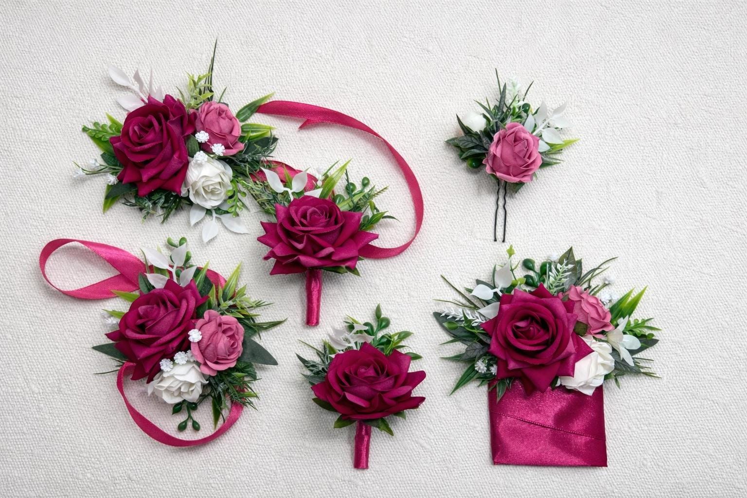 Hot Pink Corsage Wedding Fuchsia White Deep Pink Dark Wrist Corsage Bridesmaids Prom Magenta Rustic Corsage Baby Breath Artficial Flowers