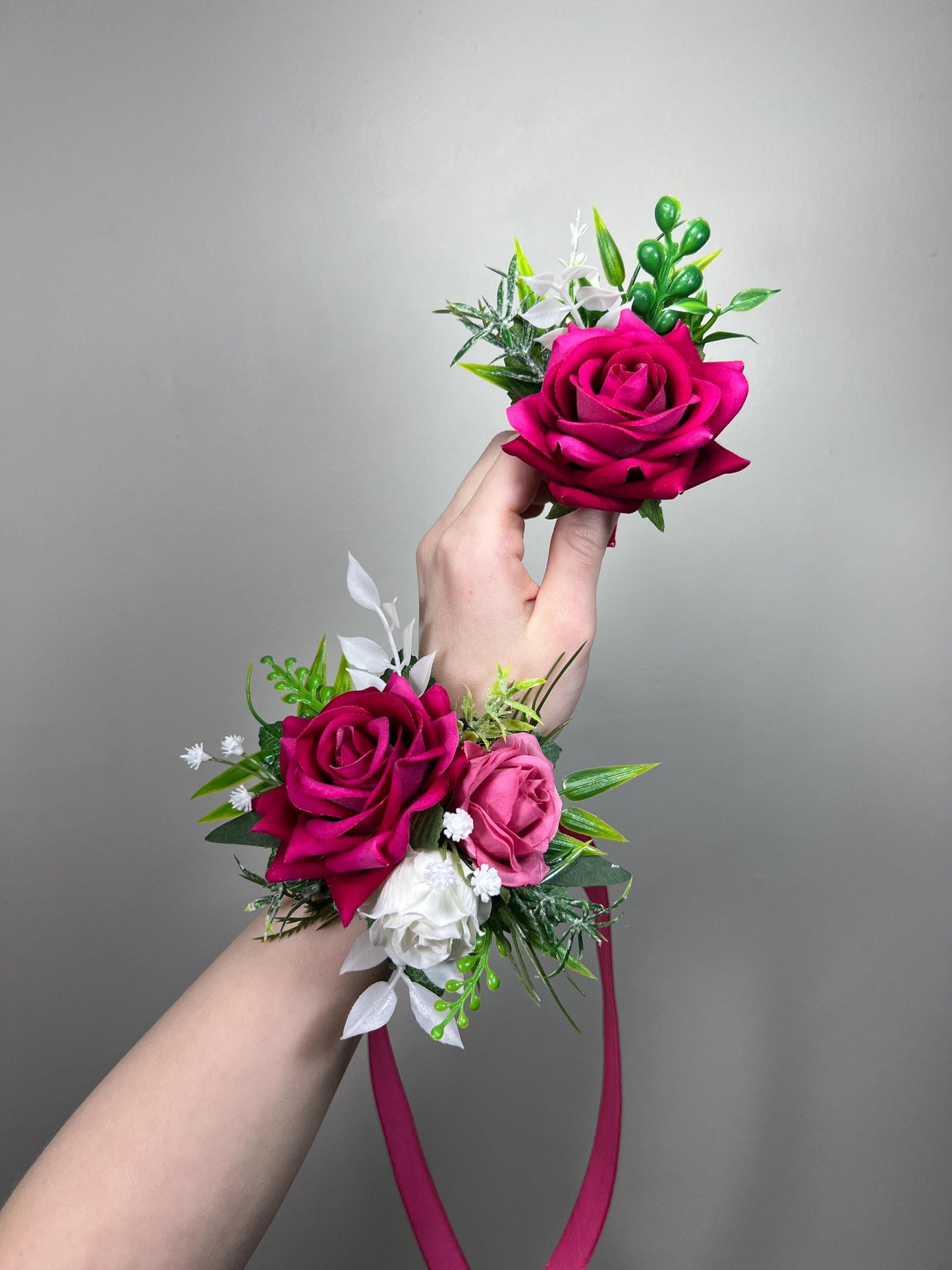 Hot Pink Corsage Wedding Fuchsia White Deep Pink Dark Wrist Corsage Bridesmaids Prom Magenta Rustic Corsage Baby Breath Artficial Flowers