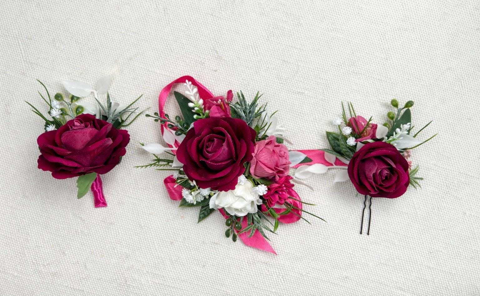 Raspberry Boutonnière Wedding Groom Fuchsia Groomsmen Dark Pink Deep Rose White Prom Boutonniere Lapel Men Accessories Artificial Flowers