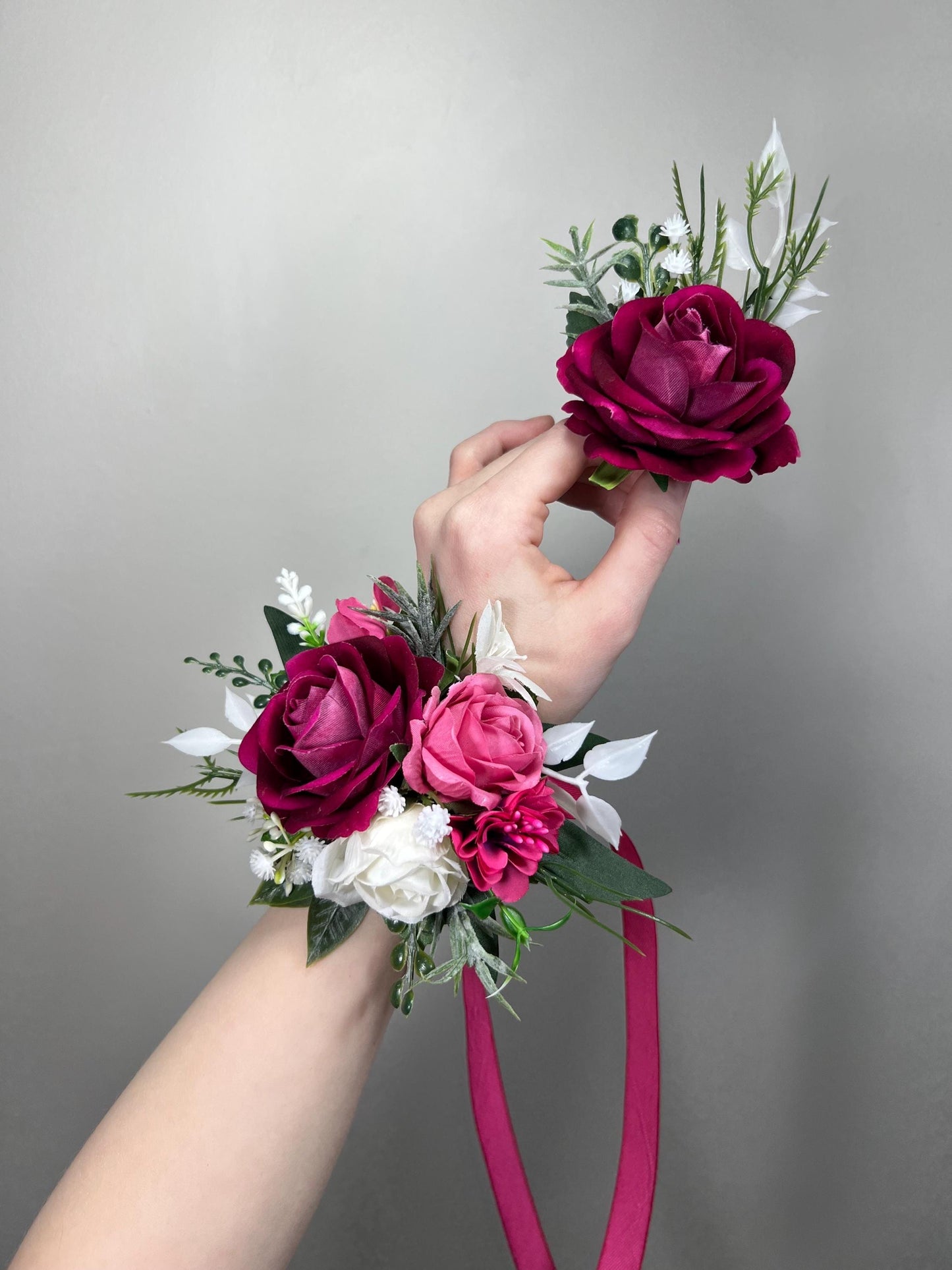 Fuchsia Corsage Wedding White Hot Pink Wrist Corsage Bridesmaids Magenta Raspberry Rose Prom Corsage Greenery Artificial Flowers Reddit