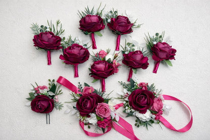 Fuchsia Corsage Wedding White Hot Pink Wrist Corsage Bridesmaids Magenta Raspberry Rose Prom Corsage Greenery Artificial Flowers