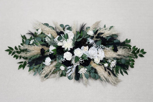 White and Black Arch Arrangement Pampas Grass Wedding Arbor Ties Arrangement Black Ivory Eucalyptus Greenery Boho Backdrop Artificial Flower