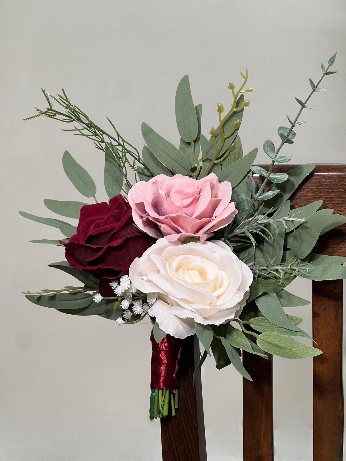 White Burgundy Pink Pew Decor Chair Wedding Ivory Aisle Flowers Blush Dusty Rose Aisle Arrangement Ceremony Decor Eucalyptus Artificial