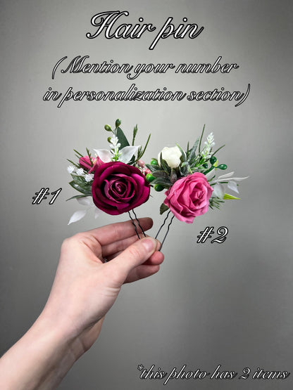Fuchsia Hair Pin Wedding Rustic Hot Pink White Hair Accessories Bridal Magenta Hair Pin Artificial Flowers Bridesmaids Eucalyptus Reddit
