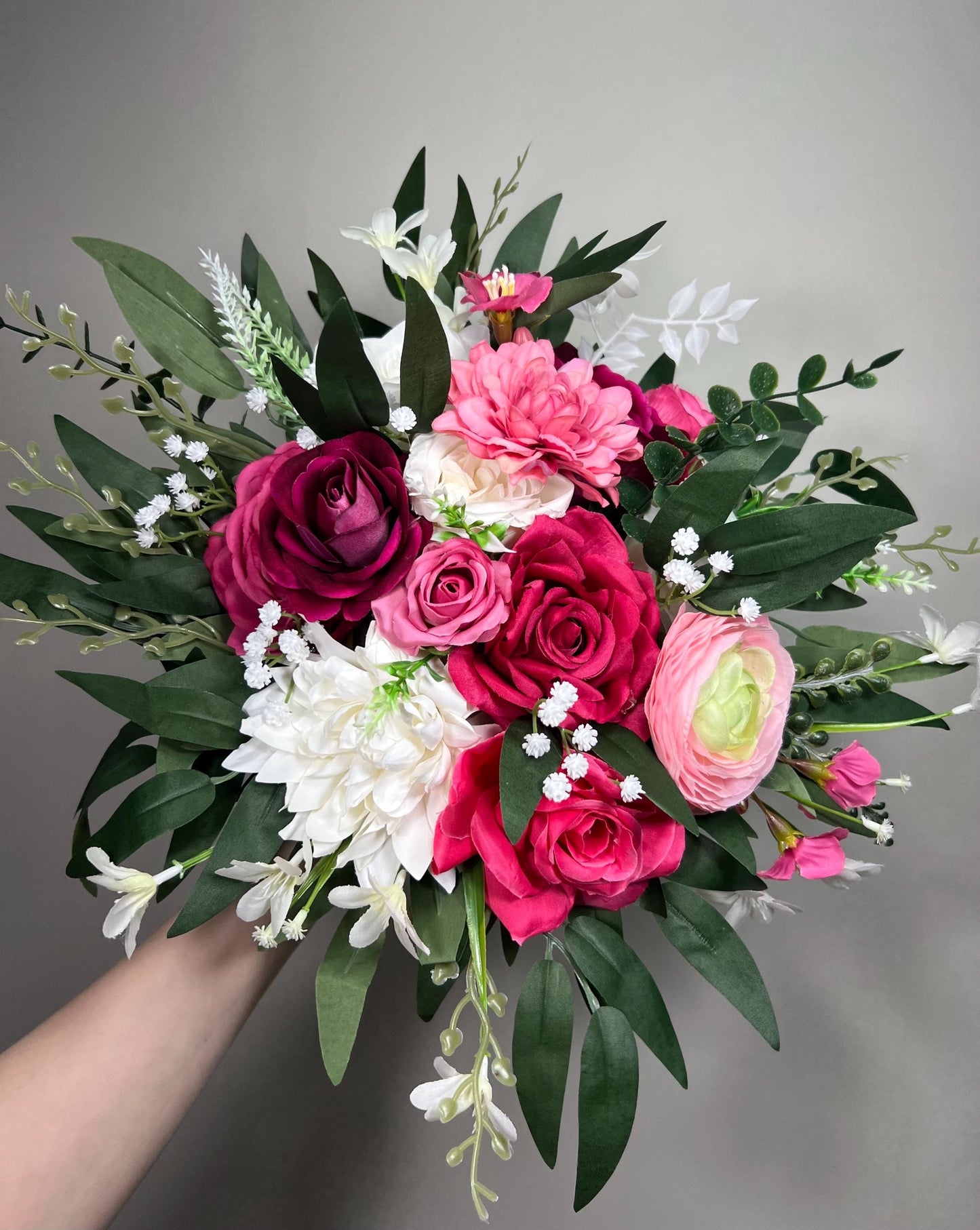 Hot Pink White Bouquet Wedding Bridal Fuchsia Ivory Bridesmaids Bouquet Magenta Ranunculus Pink Baby Breath Eucalyptus Artificial Flowers