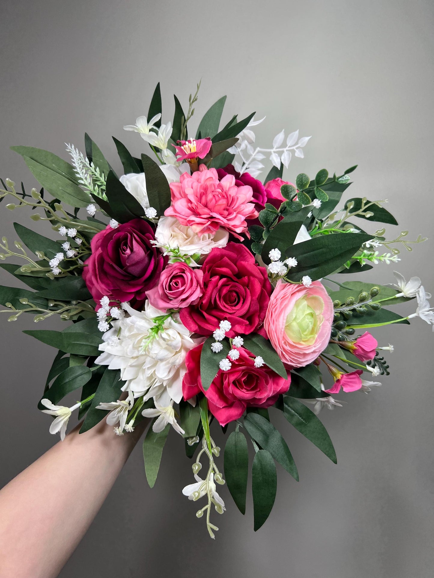 Hot Pink White Bouquet Wedding Bridal Fuchsia Ivory Bridesmaids Bouquet Magenta Ranunculus Pink Baby Breath Eucalyptus Artificial Flowers
