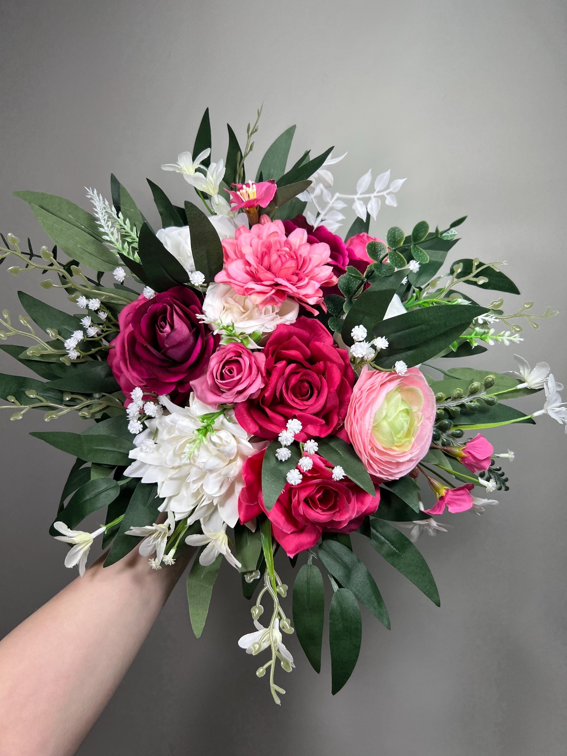 Hot Pink White Bouquet Wedding Bridal Fuchsia Ivory Bridesmaids Bouquet Magenta Ranunculus Pink Baby Breath Eucalyptus Artificial Flowers