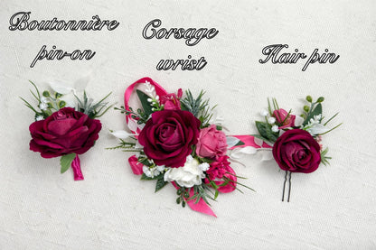 Hot Pink White Bouquet Wedding Bridal Fuchsia Ivory Bridesmaids Bouquet Magenta Ranunculus Pink Baby Breath Eucalyptus Artificial Flowers