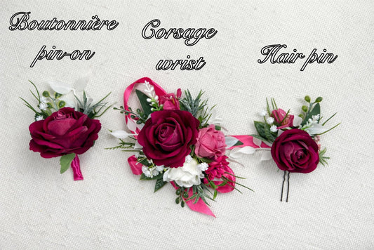 Hot Pink White Bouquet Wedding Bridal Fuchsia Ivory Bridesmaids Bouquet Magenta Ranunculus Pink Baby Breath Eucalyptus Artificial Flowers