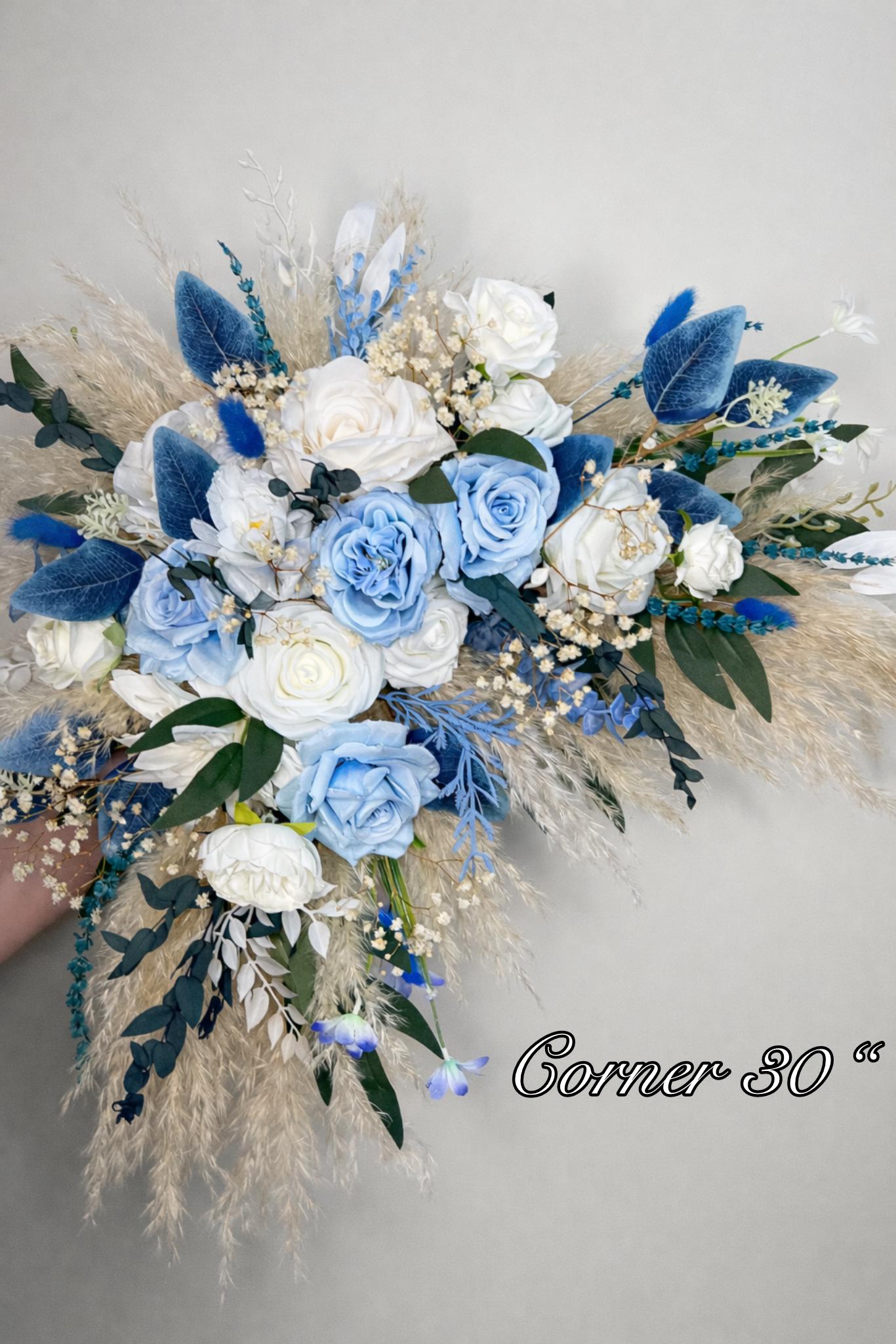 White Blue Bouquet Bridal Wedding Boho Sky Blue Baby Pampas Grass Baby Breath Eucalyptus Bridesmaids Bouquet Ivory Blue Artificial Flowers