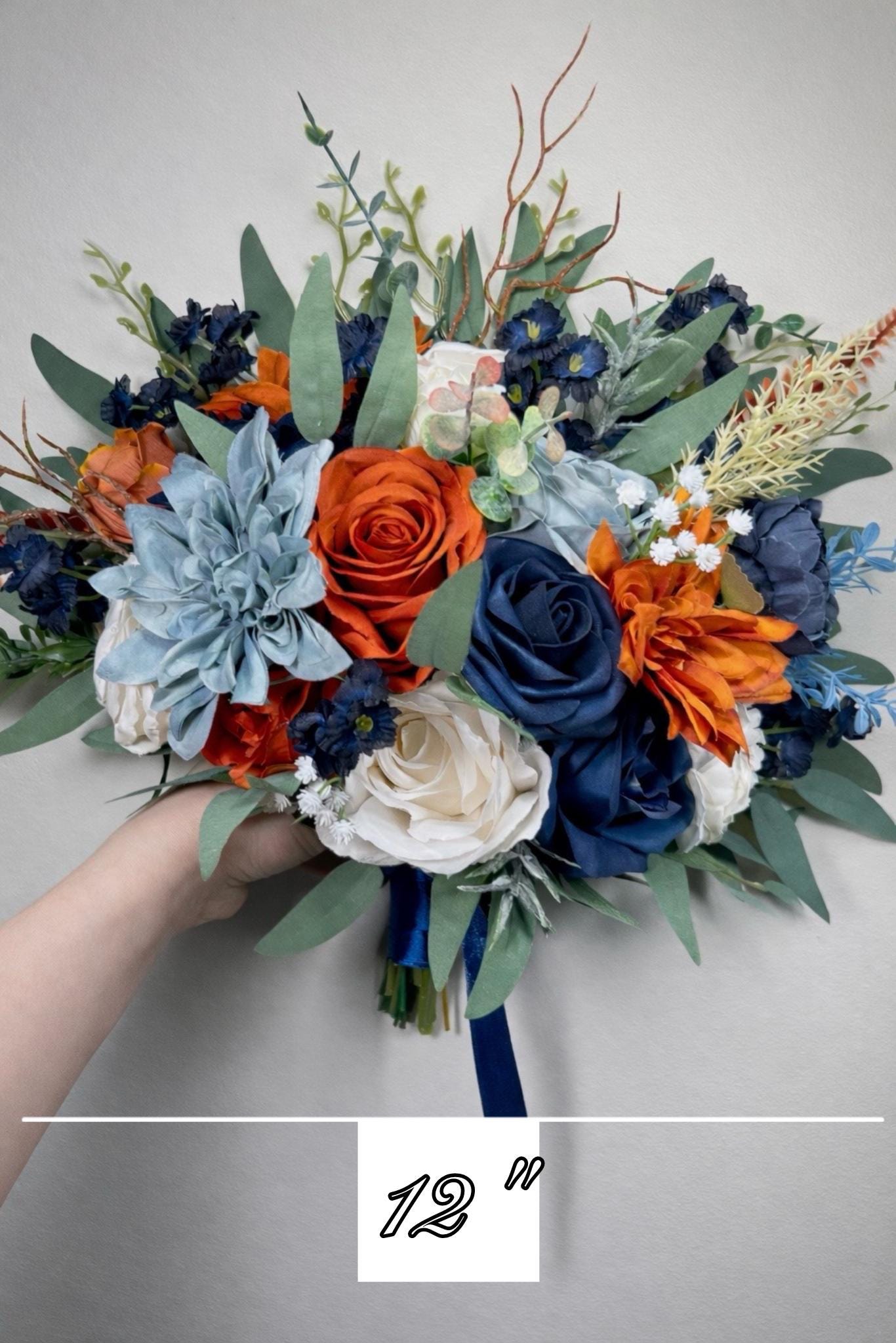 Orange Dusty Blue Bouquet White Wedding Bridal Burnt Orange Terracotta Navy Blue Ivory Bridesmaids Bouquet Sage Green Artificial Flowers