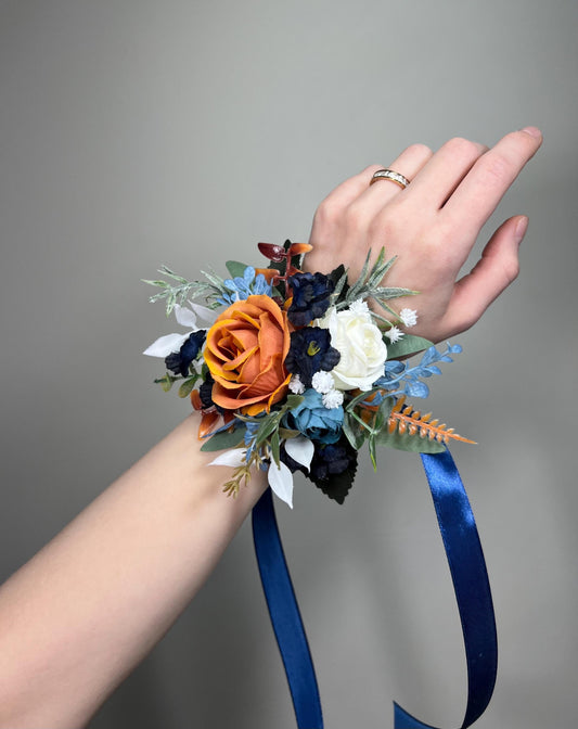 Terracotta Navy Blue Corsage Wedding White Wrist Corsage Burnt Orange Bridesmaids Corsage Prom Rustic Dusty Blue Rust Ivory Artificial