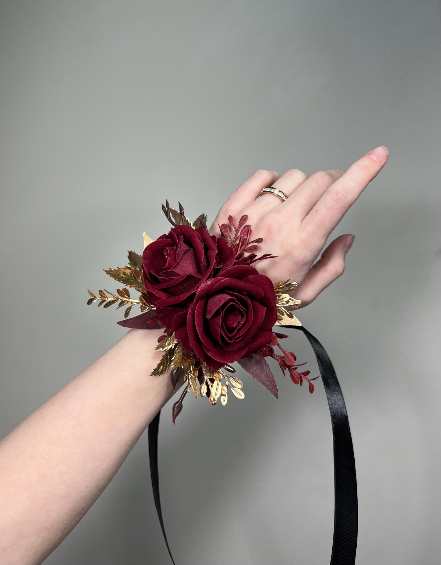 Burgundy Corsage Gold Wedding Maroon Wrist Corsage Bridesmaids Rustic Prom Burgundy Rose Corsage Bridal Wine Red Artificial Flowers