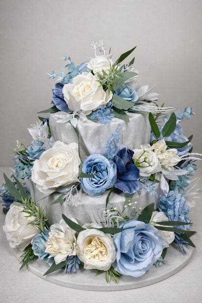 Blue Cake Decor Wedding White Cake Flowers Artificial Dusty Blue Ivory Cake Topper Sky Blue Flowers Eucalyptus White Cake Decor Silk Flowers