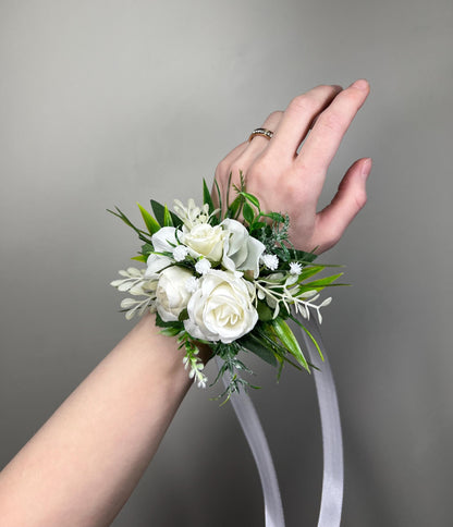White Corsage Wedding Rustic Bridesmaids Wrist Corsage Ivory Eucalyptus Greenery Baby Breath White Rose Prom Corsage Artificial Flowers
