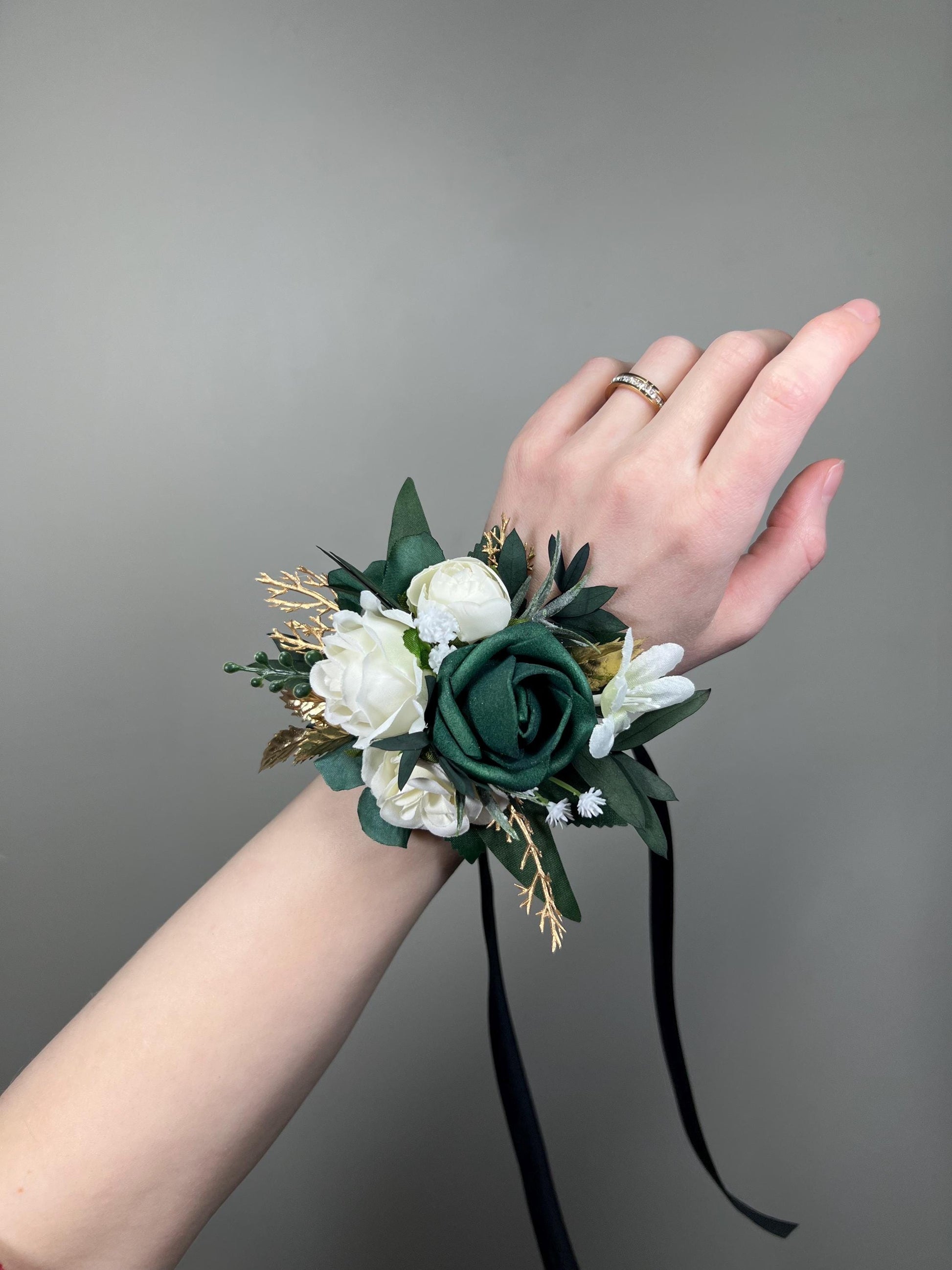 Emerald Green Corsage Wedding White Hunter Green Gold Wrist Corsage Bridesmaids Eucalyptus Dark Greenery Prom Corsage Artificial Flowers
